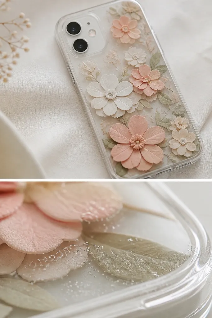 A phone case with layered cut paper flowers inside a clear coating. The top photo shows a slightly cloudy, milky finish, and a second close-up shows tiny bubbles trapped under the clear layer near a seam.