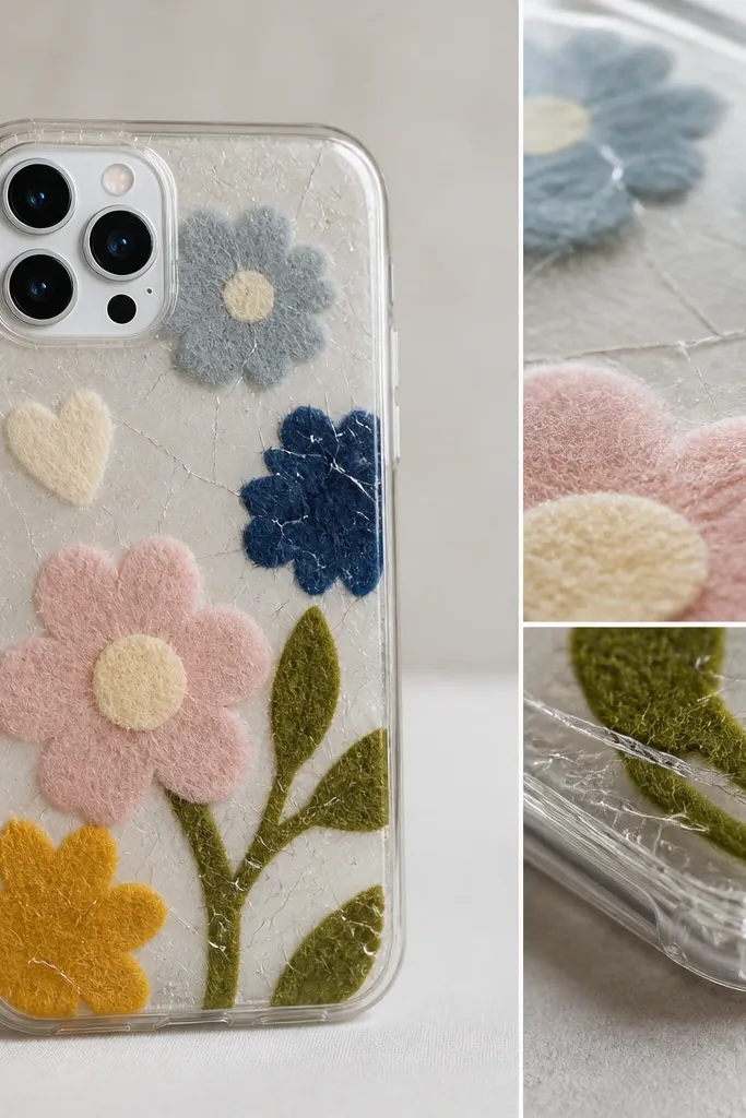 A DIY phone case where felt shapes are embedded under a glossy clear layer, but the resin shows fine cracks across the surface. The photo includes a close-up of a corner crack line.