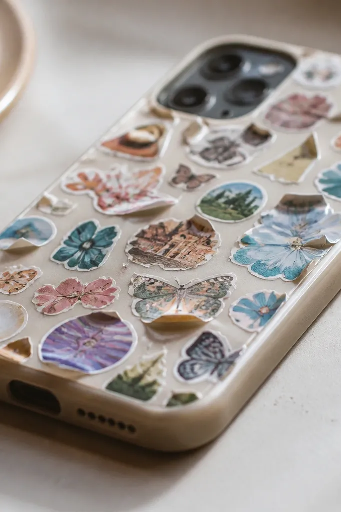A phone case covered in small stickers in different colors, with visible lifting at the edges. The close-up shows sticker corners curling upward.