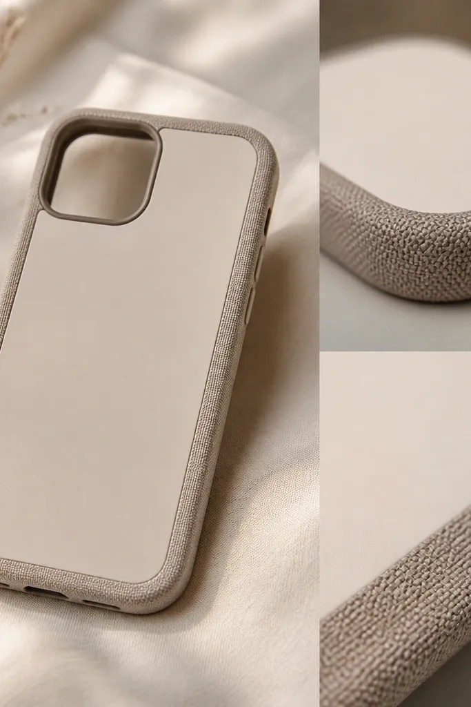 A phone case with a strip of fabric trim around the perimeter. The photo shows neatly sealed edges with a smooth finish, and a close-up reveals the trim edge folded under and glued flat.