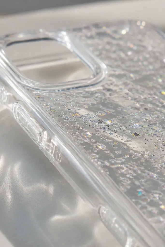 A clear phone case with glitter suspended in a clear layer. The surface looks uneven and slightly textured in a close-up, with visible sparkles sitting high.