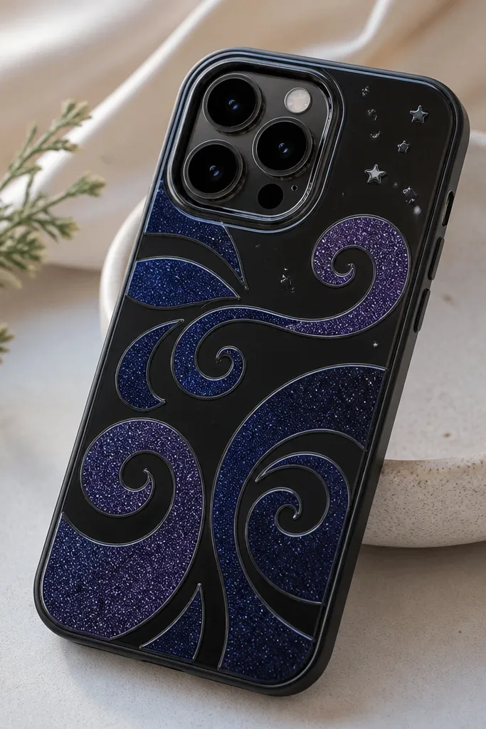 A black TPU phone case covered in dark navy and purple glitter vinyl swirl shapes, with a thin clear border around each swirl and a tiny star dot pattern near the camera cutout. The camera ring area stays clean and glossy.