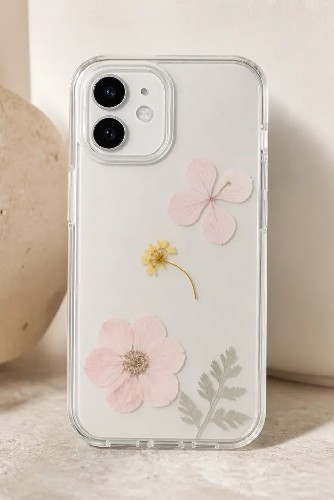 A clear phone case with three small pressed flowers suspended inside: pale pink petals and a tiny yellow bloom, with a faint green leaf shape near the bottom. The camera area is crisp and clean with no resin haze.