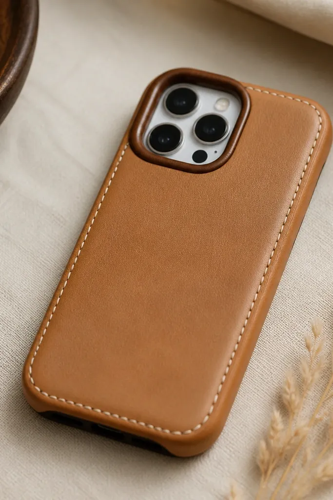 A tan faux leather phone case wrap with a neat seam line around the edges. The seam has small white dots like stitching, and the camera cutout looks framed with a darker brown border.