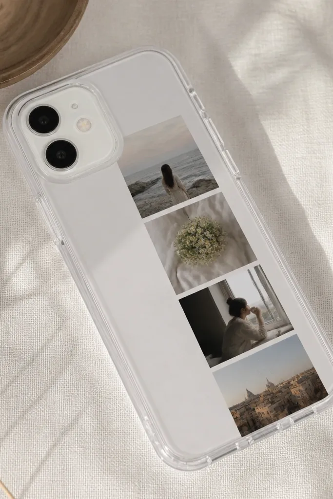 A clear-back phone case with a strip collage of four small photos arranged diagonally. A matte laminate film covers the art, and the edges look crisp without bubbles.