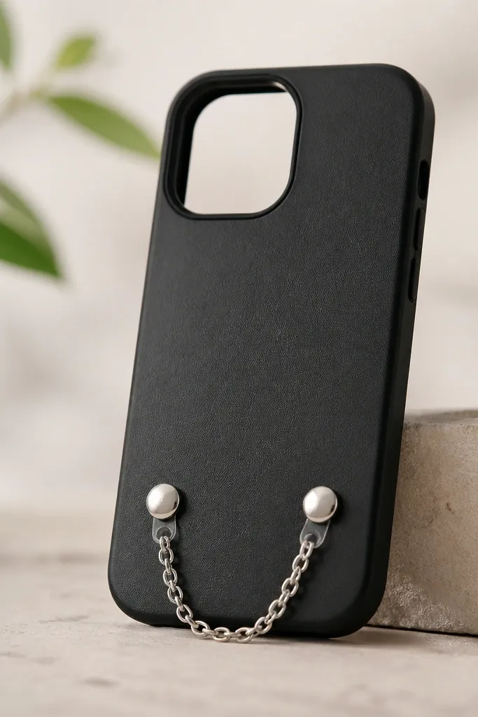 A black case with two small metal buttons on the back and a short silver chain hanging near the bottom edge. The chain is secured with clear epoxy dots at each anchor point.