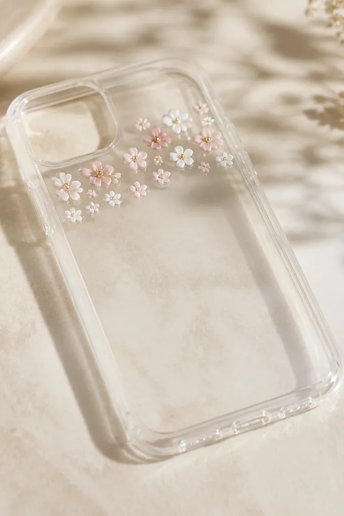 A clear TPU case with tiny 3D nail art flowers in white and light pink, with a few gold dot centers. The raised flowers sit near the top third, away from the camera.