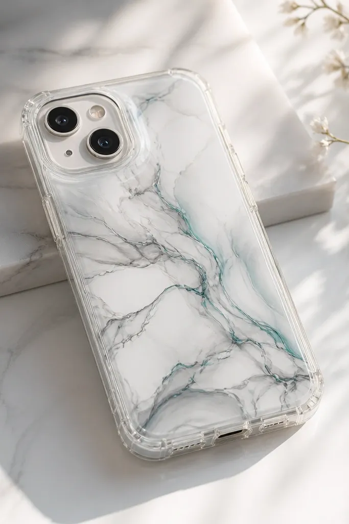 A semi-clear phone case with marbled swirls in white, smoky gray, and a faint teal streak. The swirls look like thin veins rather than thick blobs.