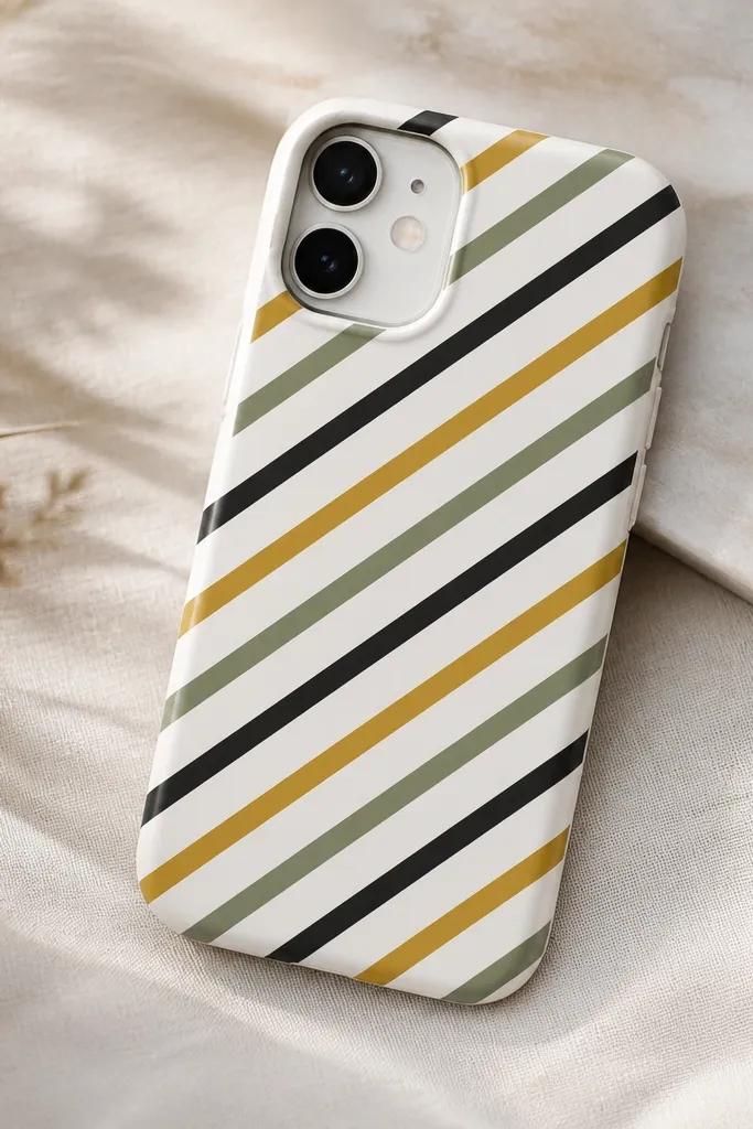 A white phone case with diagonal heat-transfer vinyl stripes in black, mustard, and sage green. The stripes are straight and evenly spaced, with crisp edges around the camera cutout.