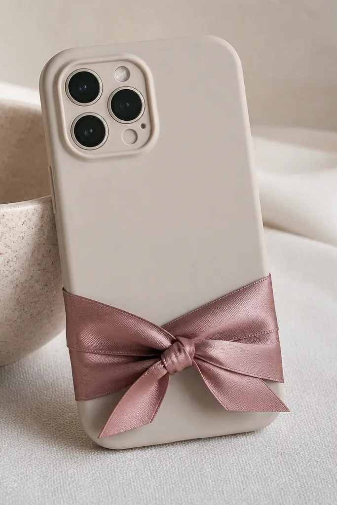 A dusty rose satin ribbon wrapped around the back of a light beige phone case, with a small double-knot bow near the bottom edge. The ribbon edges are sealed so they don't fray.