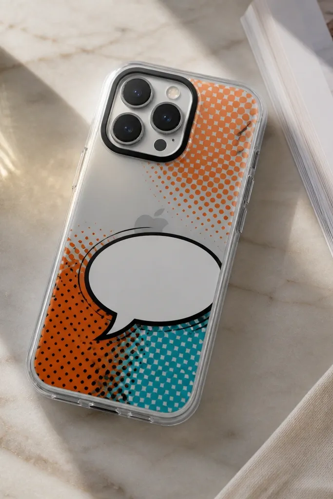 A translucent case with bold comic halftone dots in orange and teal, plus a white speech bubble with a black outline. The camera area stays clear with a thin black frame around it.