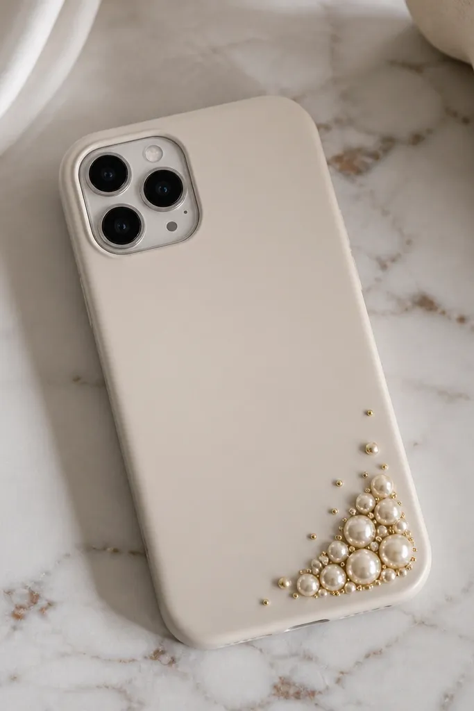 A cream pearl bead cluster in one corner of a phone case, with a few tiny gold seed beads around it. The cluster stays in the corner so it doesn't cover the center back.