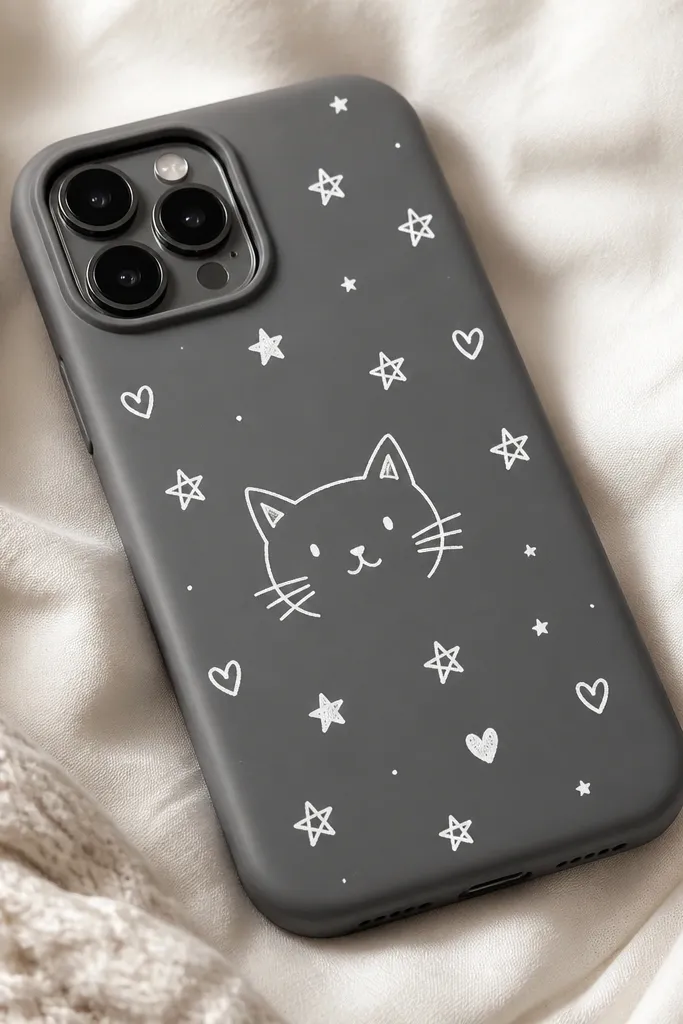A matte gray phone case covered in simple doodles: tiny hearts, stars, and a line drawing of a cat face in white chalk marker. The doodles look crisp and sealed with a soft sheen.