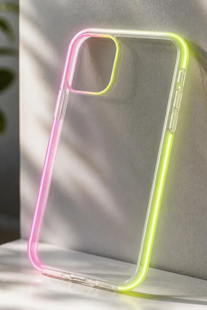 A clear TPU case with a glowing neon outline along the back edge in hot pink and lime green. The camera cutout is outlined with a thin matching neon line.