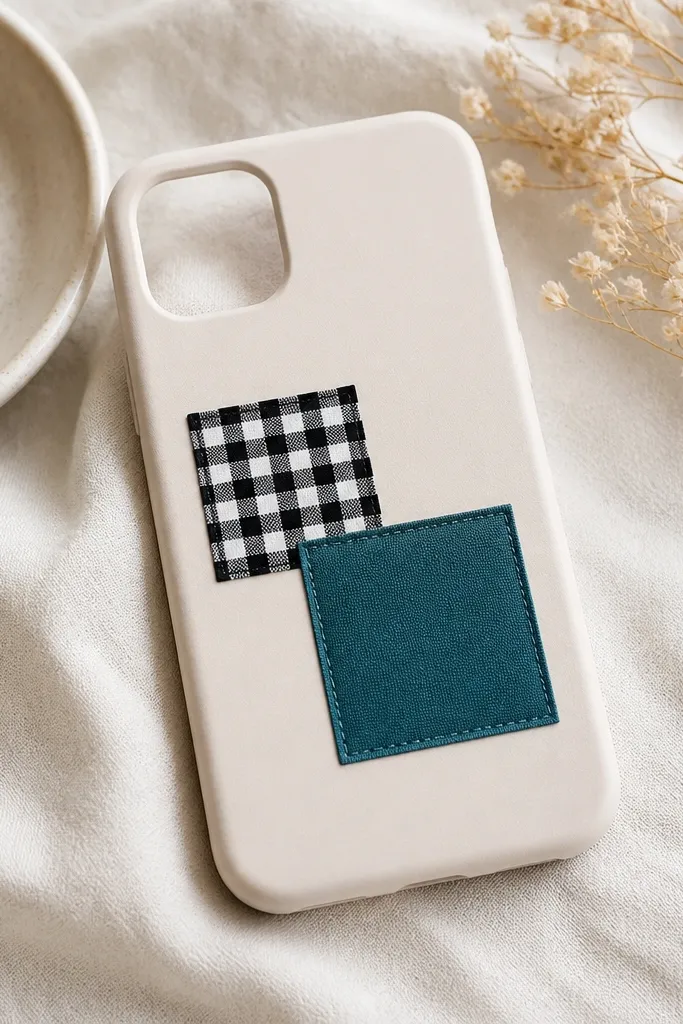 A phone case back with two fabric patches: a small black-and-white check patch and a solid teal patch. The patches look flat with crisp edges, and the camera cutout remains clean.