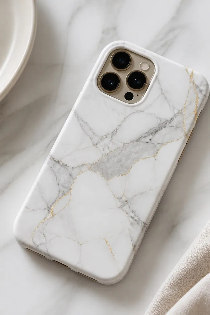 A phone case wrapped in thin faux marble paper in white and gray with subtle gold veins. The wrap sits tight at corners, and the camera opening is trimmed cleanly with no lifted paper edges.