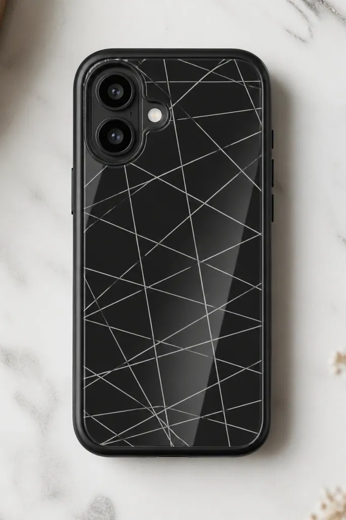 A phone case shown flat with a black base, thin white web lines crossing diagonally like a grid, and a clear glossy laminate overlay covering only the artwork area. The camera cutout and flash remain visible through the clear layer.