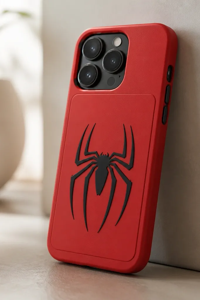 A red phone case with a black spider emblem centered on the back. The emblem sits on a thin removable panel with tiny hidden magnets at the corners, and you can see clean edges around the panel.