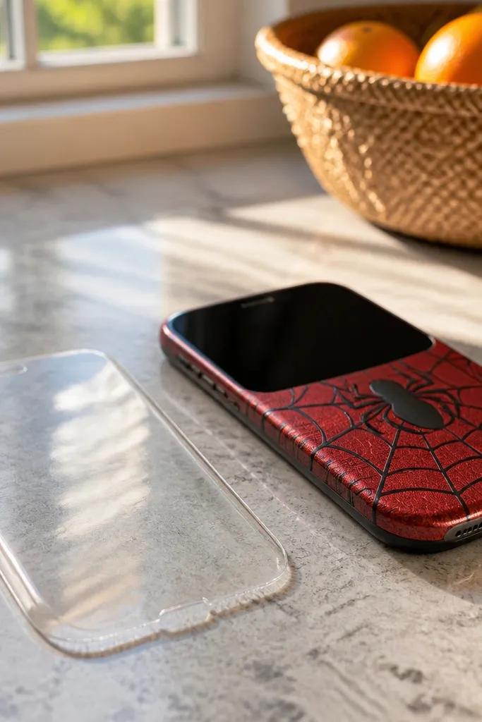 A clear TPU sleeve over a phone with a red-and-black mask graphic that looks slightly textured, like heat-shrink plastic. Web lines wrap around the sides and stop neatly above the camera area.