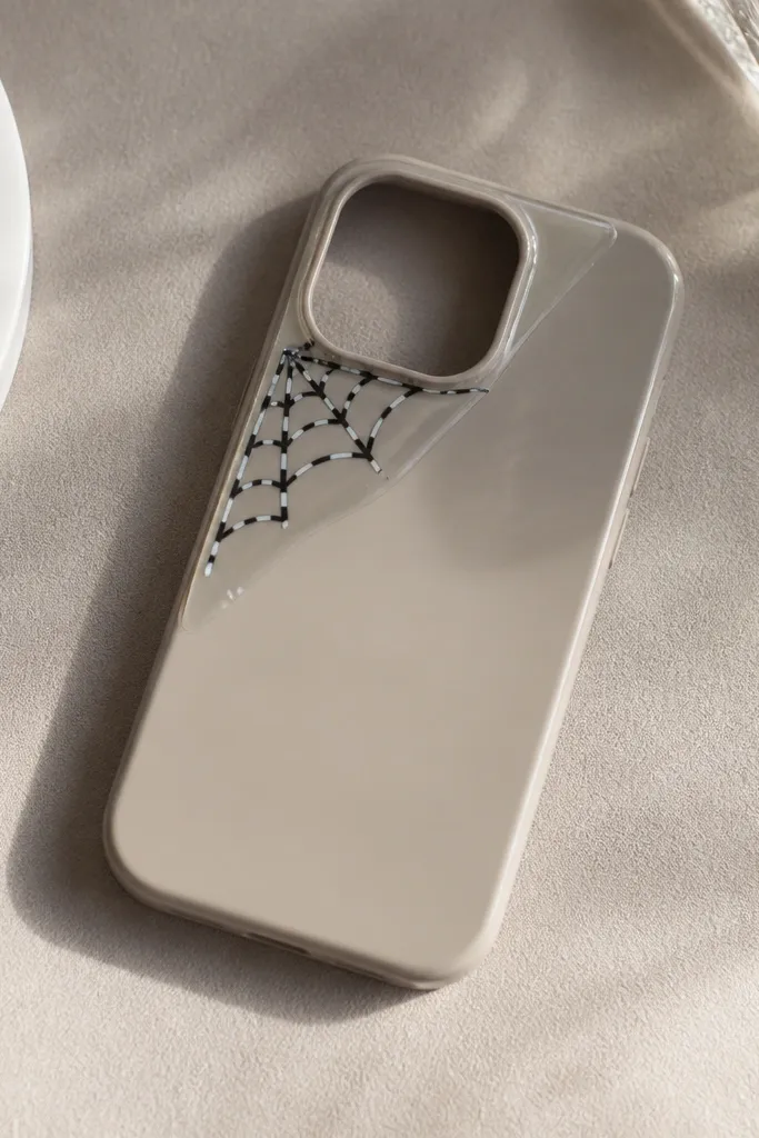 A neutral phone case with a small spiderweb pattern in the top-left corner. The web lines are made from black and white washi tape, sealed with a clear glossy tape strip that outlines the corner.