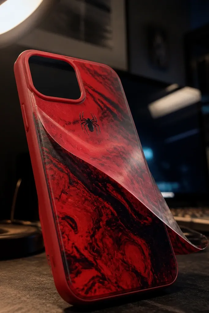 A red and black marbled phone back with a glossy finish, with a small black spider icon near the upper center. The vinyl skin has crisp edges and sits flush around the camera cutout.