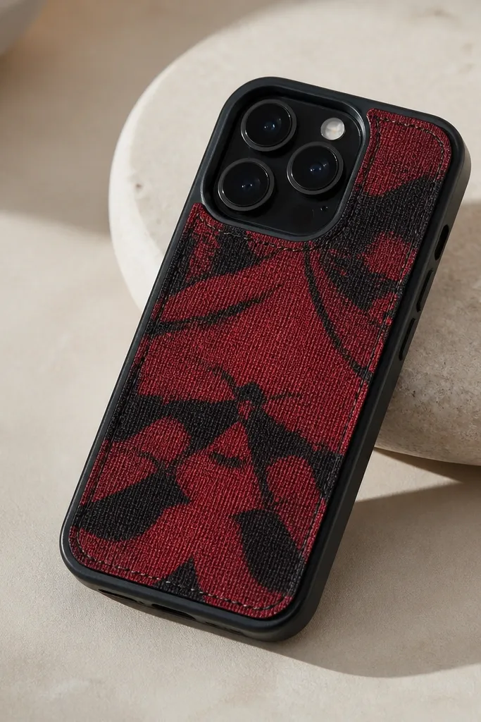 A phone case with a fabric patch look on the back: red and black printed fabric with a stitched border effect. The patch is held by a thin snap-on frame around the edges, leaving the camera cutout free.