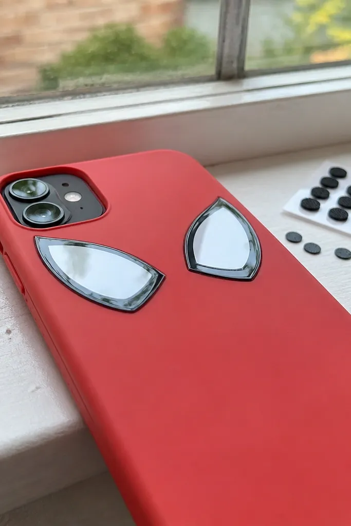 A phone case back with two large white webbed eyes positioned near the top center. The eyes have a glossy clear overlay like a lens, and small removable adhesive dots hold the overlay in place.