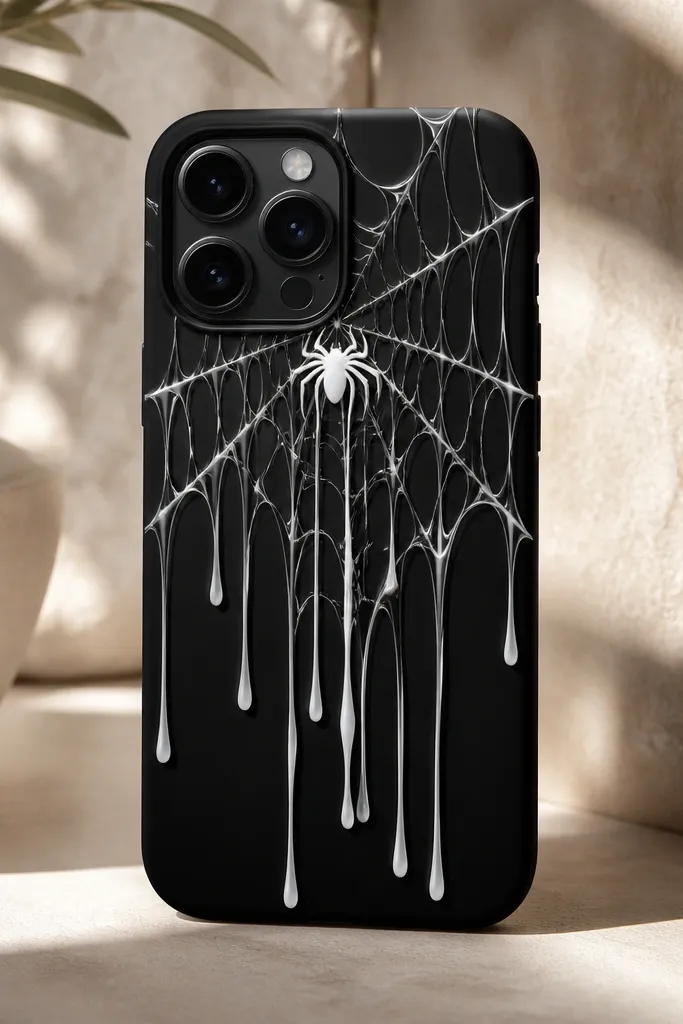 A black phone case back with white web drips that look like resin. The drips flow downward from a small spider emblem, with glossy highlights and crisp edges.
