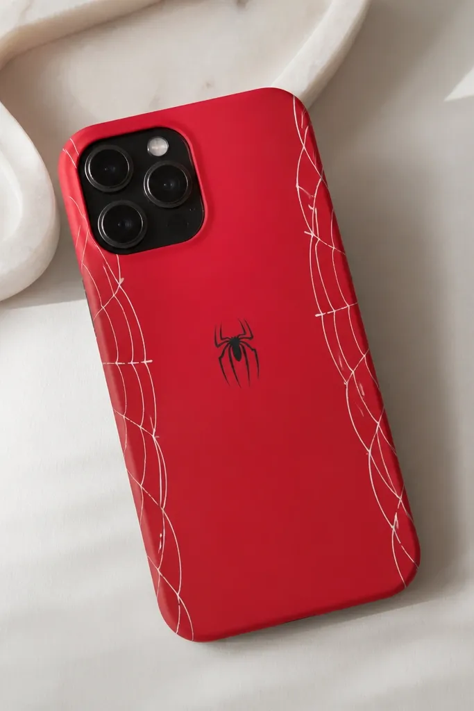 A phone case with thin white webline strips running vertically along both sides. The back remains mostly plain red, with a small spider silhouette near the center.