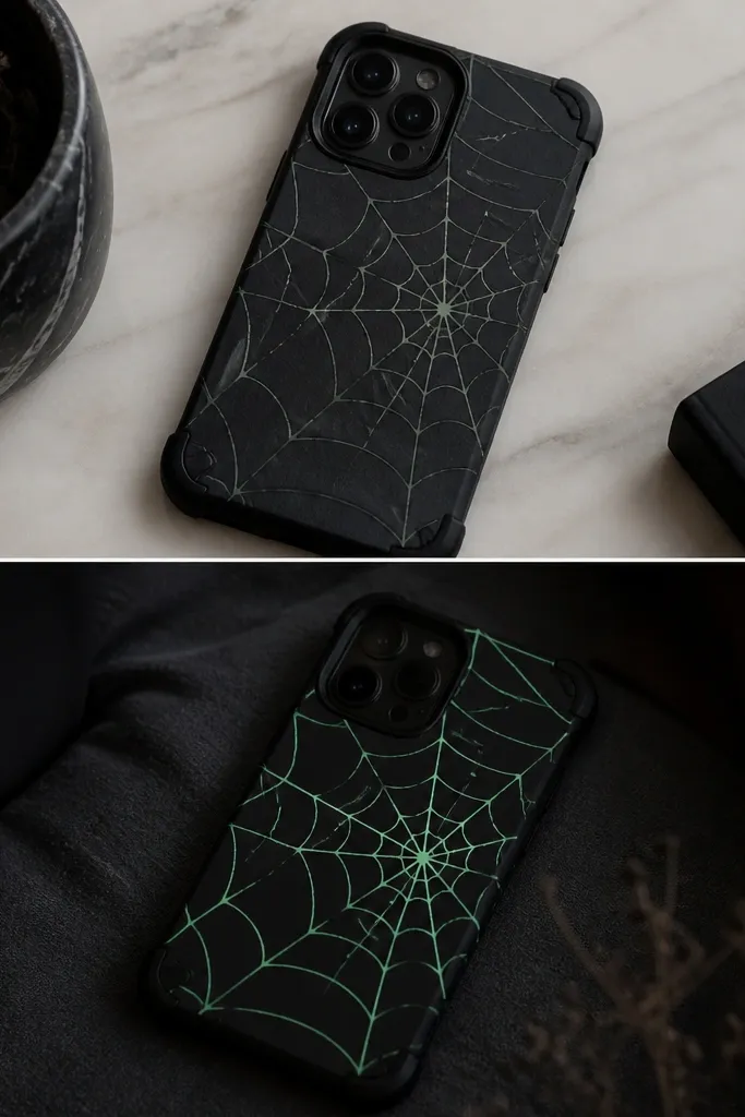 A dark phone case with faint glow-in-the-dark web lines across the back. In the photo, the web is visible in normal light and looks brighter under a slight dim effect. The overlay has clean removable corners.