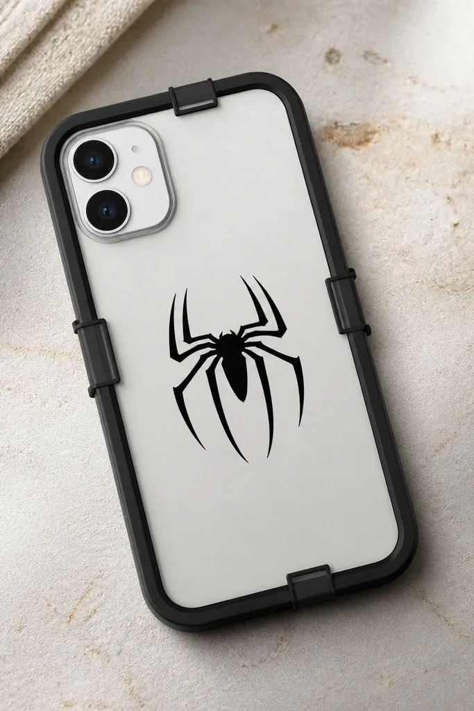 A phone case with a thin black rectangular frame around a central Spiderman logo. The frame looks like a bezel and has a removable clip that holds it against the case edges.