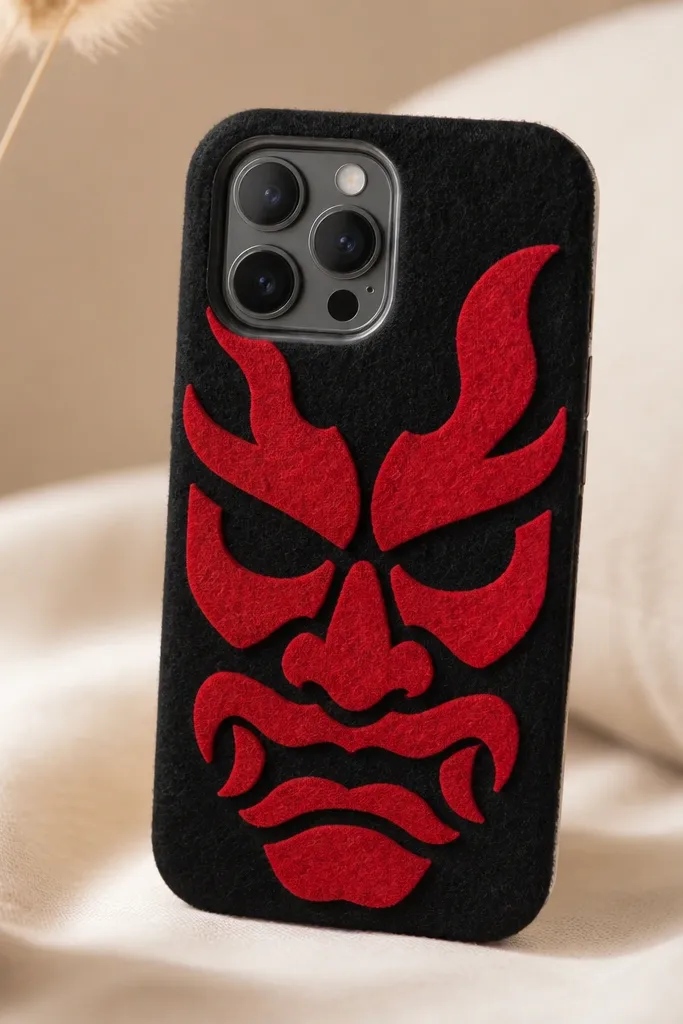 A phone case with a red-and-black mask pattern created from sticky-back fabric felt. The felt has a soft matte look, and a clear film protects the edges around the camera.