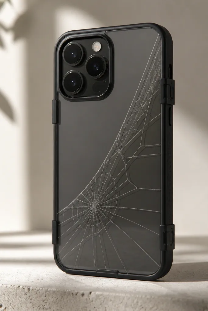 A phone case with a diagonal web-swoosh graphic across the back, running from lower left to upper right. The graphic sits under a clear back protector, and the sides show small removable tabs holding it in place.
