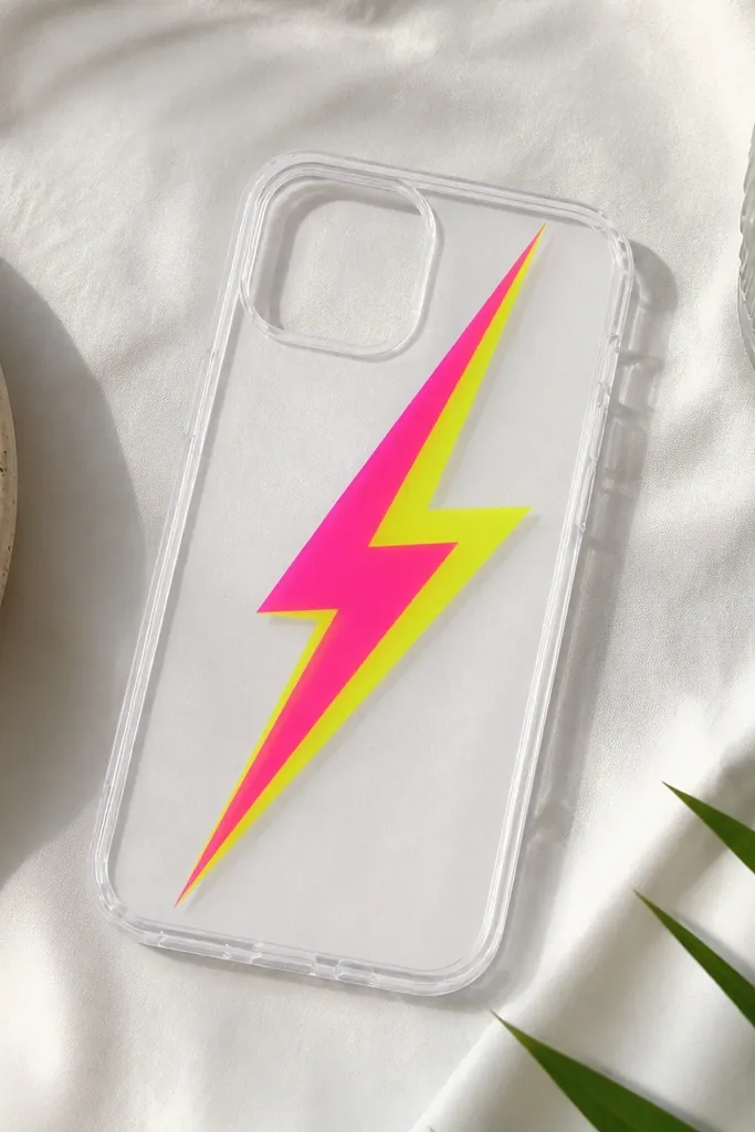 A clear phone case with a bold neon yellow and hot pink lightning bolt centered on the back, edges pressed flat, camera cutout left clean.