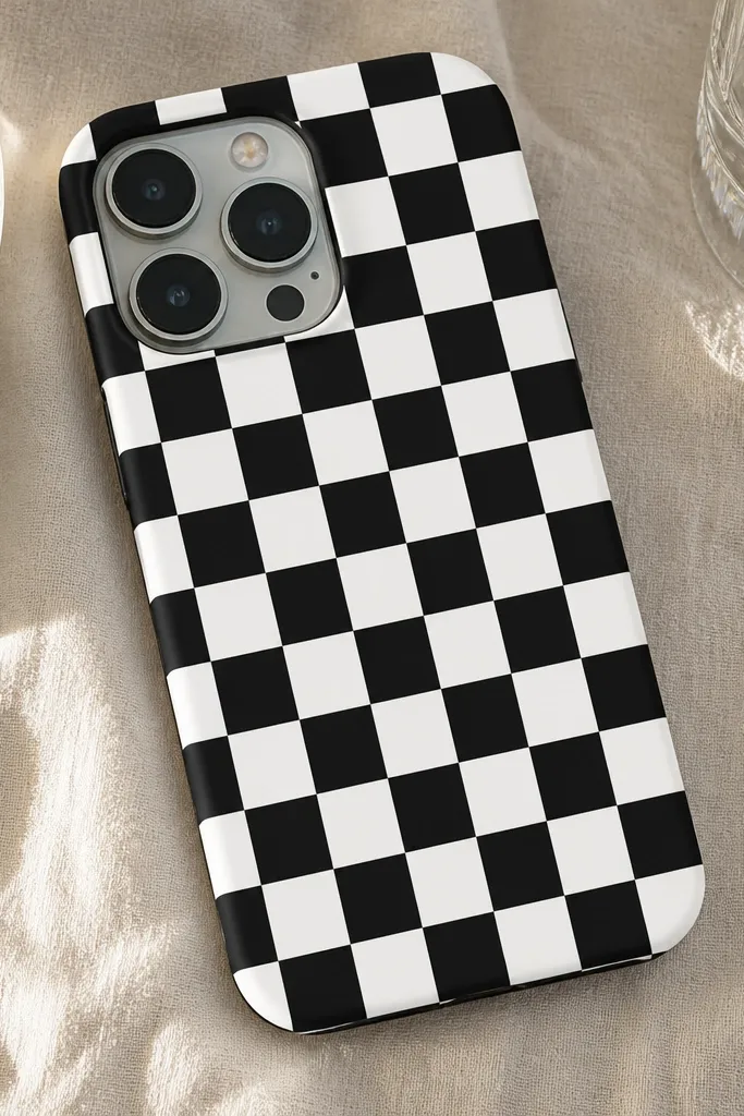 A phone case covered in a crisp black-and-white tape checkerboard pattern with straight lines and clean borders around the camera cutout.