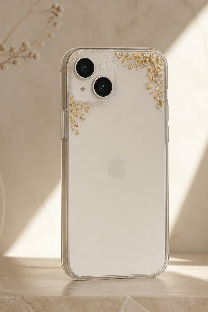 A matte or clear phone case with small gold foil leaf flakes placed in the top corners, like a subtle frame around the camera.
