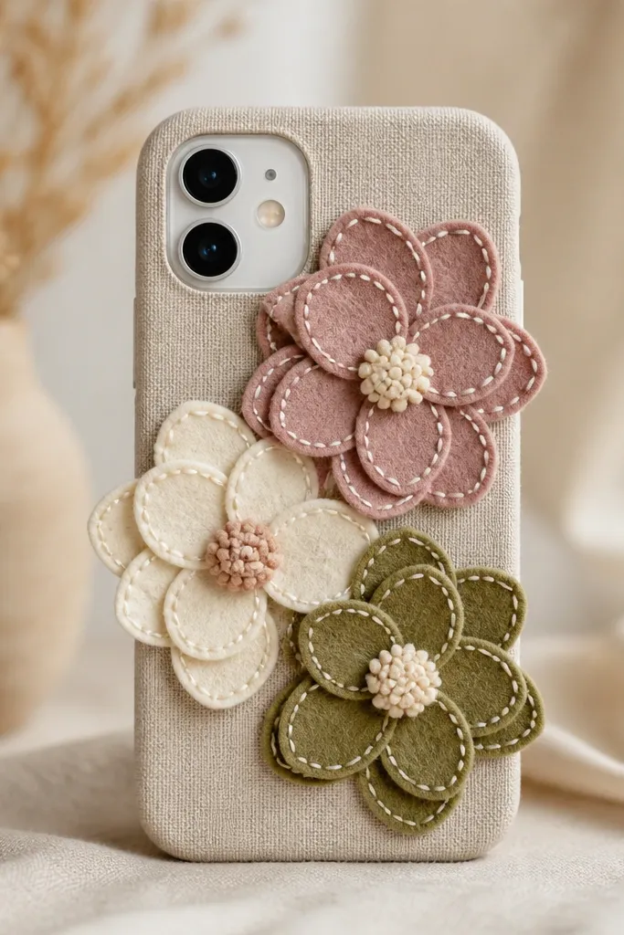 A phone case with three layered felt flowers in dusty pink, cream, and olive, with visible faux-stitch lines around the petals.