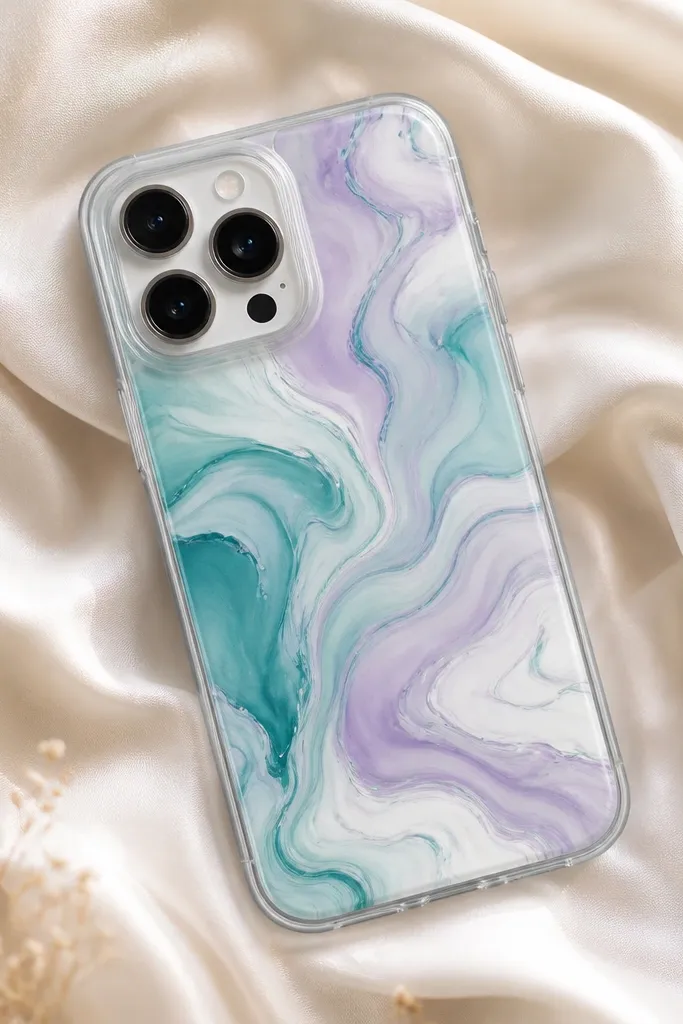 A clear phone case with swirled marbling in teal, white, and soft lavender, with smooth glossy finish and clean camera area.