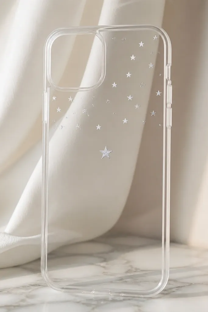 A simple clear phone case with tiny silver star decals scattered near the top and one larger star near the center.
