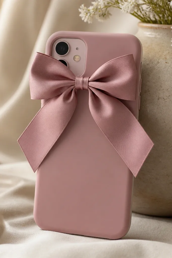 A phone case with a neat satin ribbon bow at the top center, in dusty rose, with tails hanging slightly to either side.