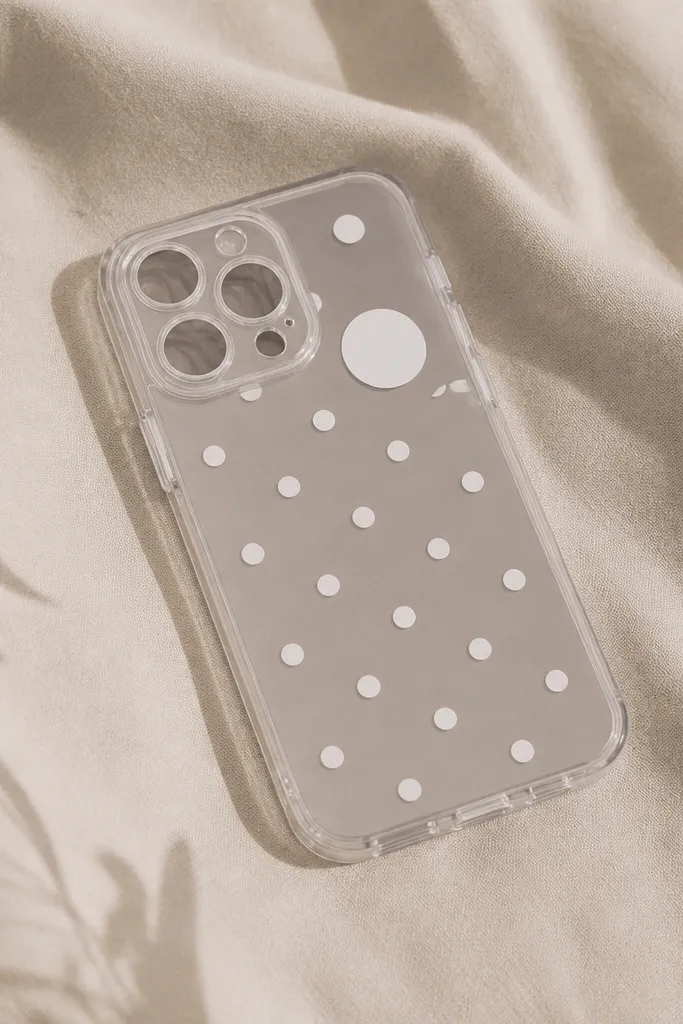 A clear phone case covered with evenly spaced white polka dots and a single larger dot near the camera.