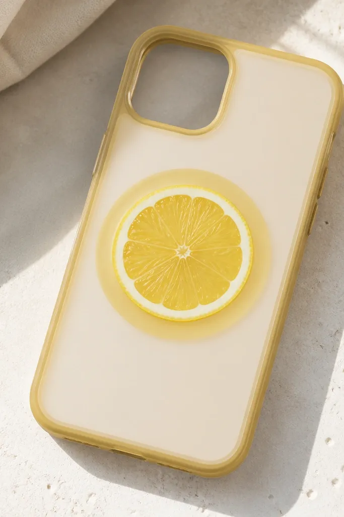 A phone case with a lemon slice graphic in the center, with a translucent yellow ring around it, and a clean camera cutout.