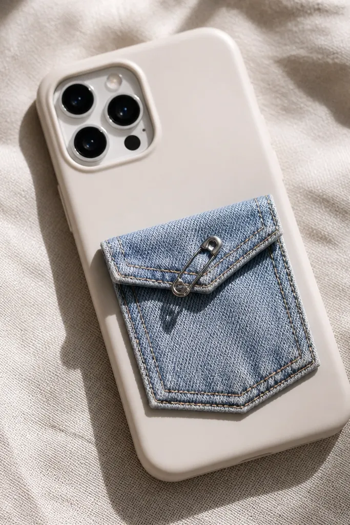 A phone case with a small denim pocket patch on the back, stitched-looking edges, and a tiny silver safety pin holding a flap.