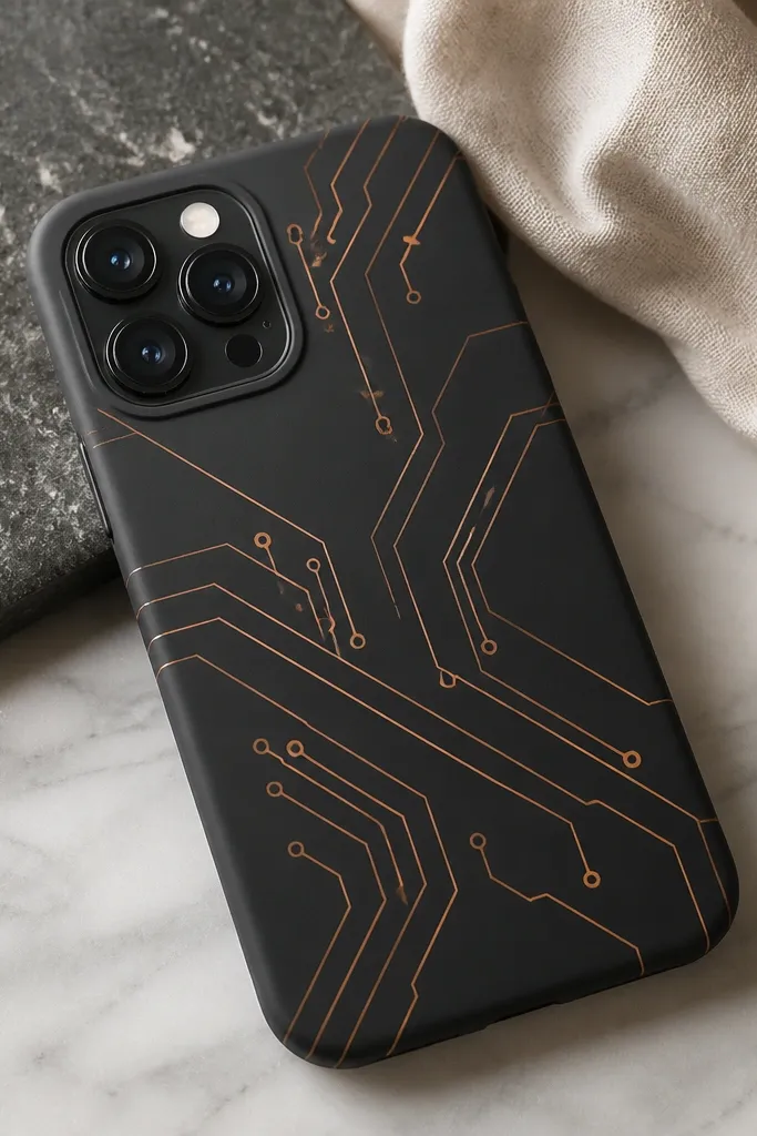 A matte black phone case with thin copper vinyl circuit-like lines and small node dots, arranged diagonally.