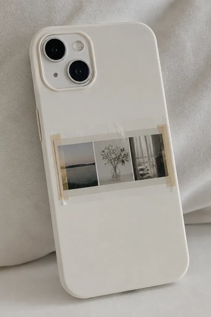 A phone case with a small horizontal photo strip inside a washi tape frame, protected by a clear tape layer.