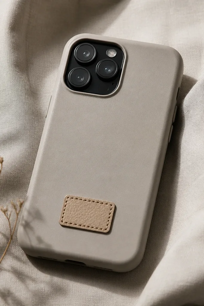 A phone case with a small faux leather label on the back, like a clothing tag, with black typed text and a stitched border effect.