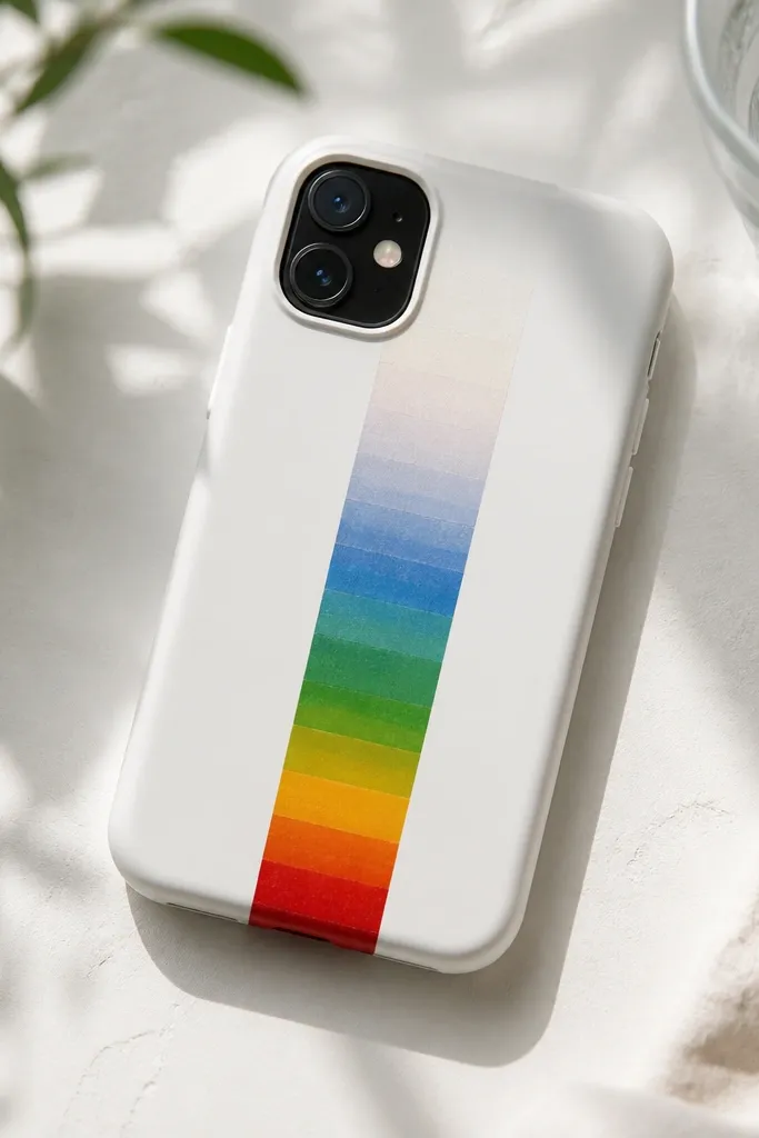A phone case with a vertical rainbow ombre stripe made from tape, starting bright at the bottom and fading toward the top.