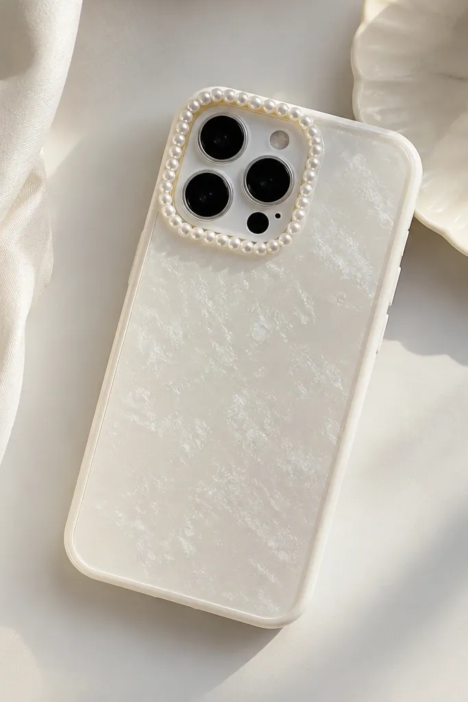A phone case with tiny pearl-like beads forming a delicate border around the camera area, leaving the lens opening clear.