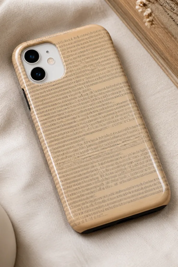 A phone case with a background of vintage book page text, sealed under a glossy clear coat so the text looks smooth.