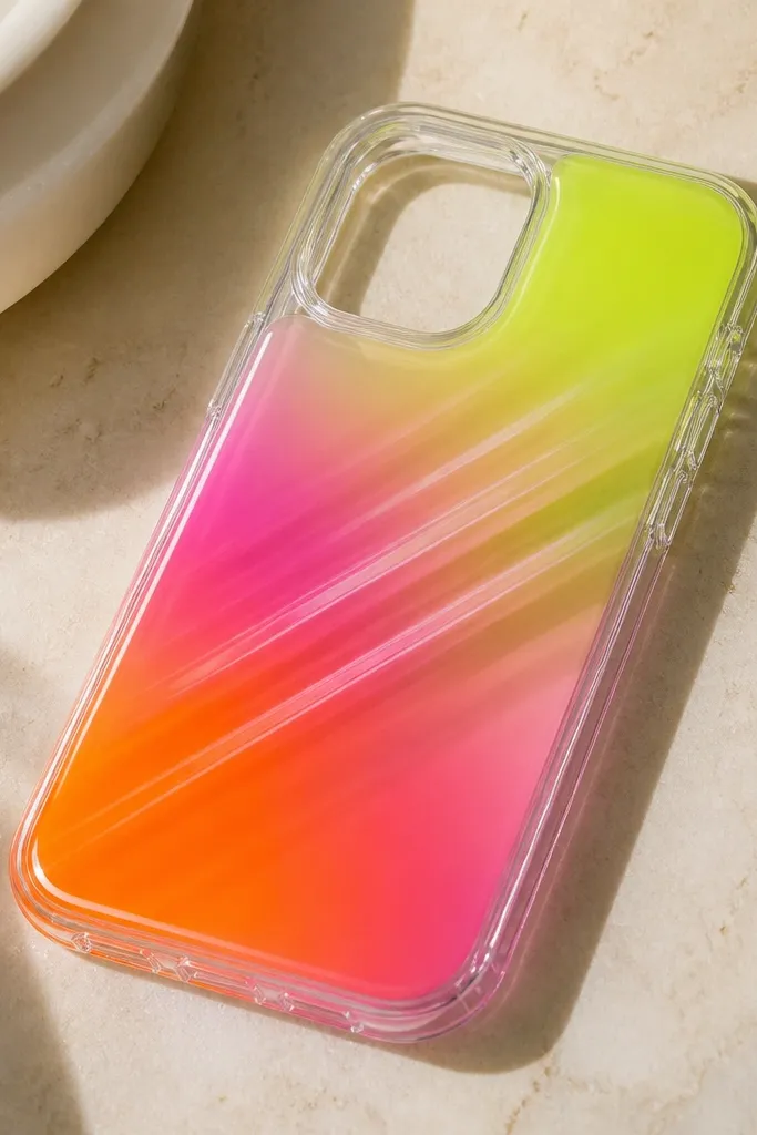 A clear case with a diagonal neon gradient swipe in lime, pink, and orange, with smooth streaks and glossy finish.